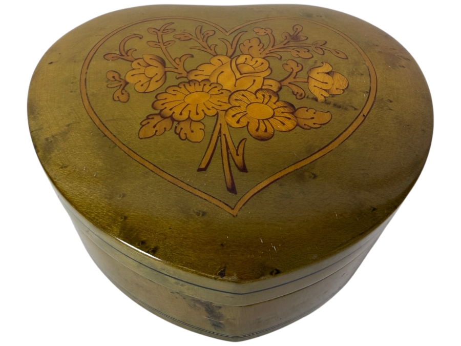 Surriento Export Heart Shaped Floral Inlaid Wood Music Box With Red Velvet Lining And Wind Up Mechanism Made In Italy 6'W X 5'D X 2.5'H