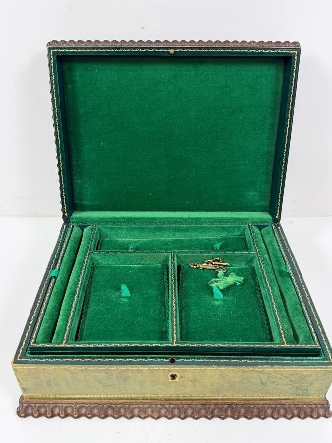 Antique Green Leather And Gilt Jewelry Box With Scalloped Wood Trim Velvet Lined Interior Compartments Lock And Key 12'W X 9'D X 4.5'H [Photo 4]