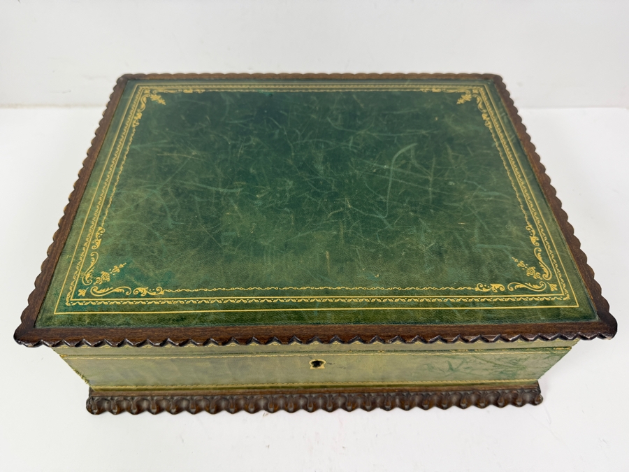 Antique Green Leather And Gilt Jewelry Box With Scalloped Wood Trim Velvet Lined Interior Compartments Lock And Key 12'W X 9'D X 4.5'H [Photo 3]