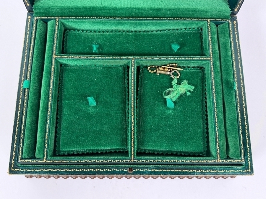 Antique Green Leather And Gilt Jewelry Box With Scalloped Wood Trim Velvet Lined Interior Compartments Lock And Key 12'W X 9'D X 4.5'H [Photo 5]