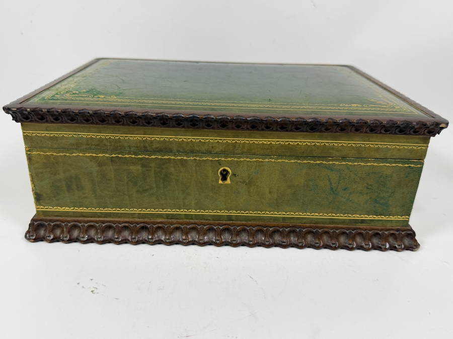 Antique Green Leather And Gilt Jewelry Box With Scalloped Wood Trim Velvet Lined Interior Compartments Lock And Key 12'W X 9'D X 4.5'H [Photo 7]