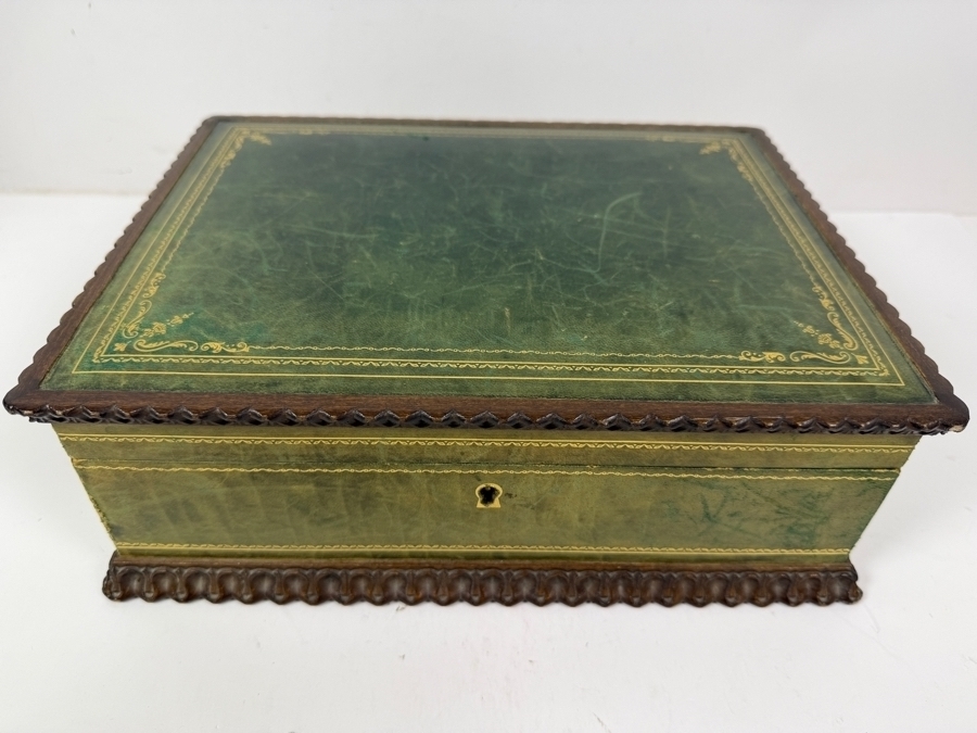 Antique Green Leather And Gilt Jewelry Box With Scalloped Wood Trim Velvet Lined Interior Compartments Lock And Key 12'W X 9'D X 4.5'H [Photo 2]
