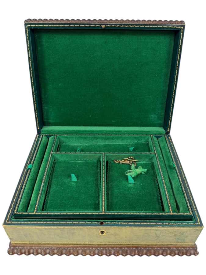 Antique Green Leather And Gilt Jewelry Box With Scalloped Wood Trim Velvet Lined Interior Compartments Lock And Key 12'W X 9'D X 4.5'H