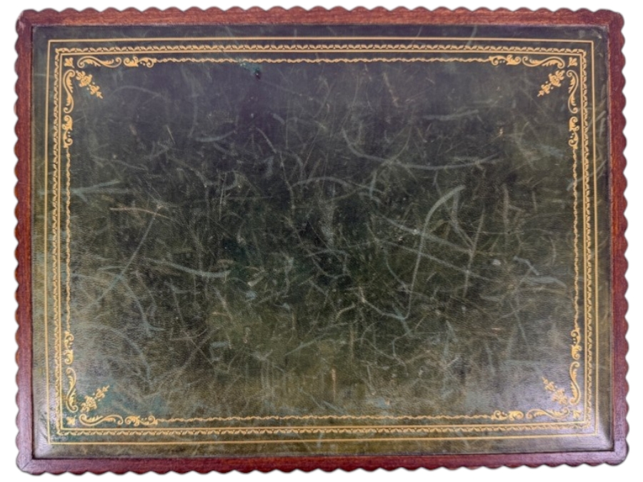 Antique Green Leather And Gilt Jewelry Box With Scalloped Wood Trim Velvet Lined Interior Compartments Lock And Key 12'W X 9'D X 4.5'H [Photo 12]