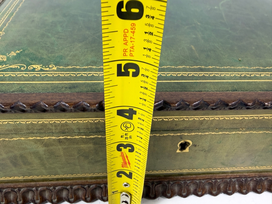 Antique Green Leather And Gilt Jewelry Box With Scalloped Wood Trim Velvet Lined Interior Compartments Lock And Key 12'W X 9'D X 4.5'H [Photo 11]