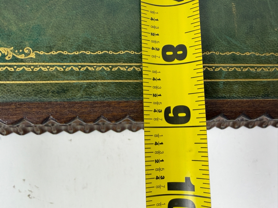 Antique Green Leather And Gilt Jewelry Box With Scalloped Wood Trim Velvet Lined Interior Compartments Lock And Key 12'W X 9'D X 4.5'H [Photo 10]