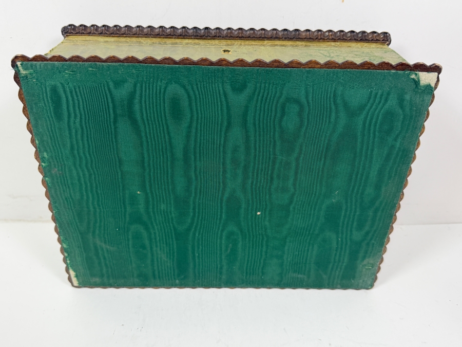 Antique Green Leather And Gilt Jewelry Box With Scalloped Wood Trim Velvet Lined Interior Compartments Lock And Key 12'W X 9'D X 4.5'H [Photo 8]