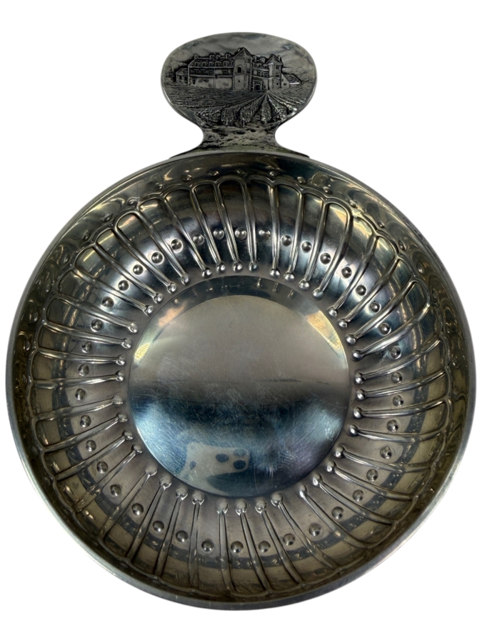 Vintage French Hallmarked Sommelier Tastevin Wine Tasting Cup With Embossed Vineyard And Chateau Estate Scene On Handle 85.9g