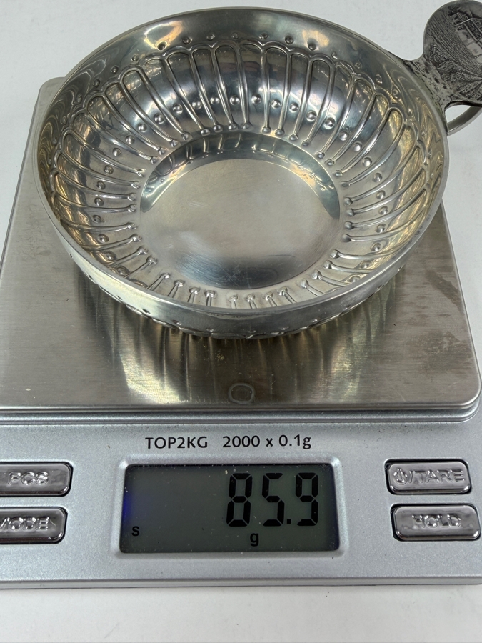 Vintage French Hallmarked Sommelier Tastevin Wine Tasting Cup With Embossed Vineyard And Chateau Estate Scene On Handle 85.9g [Photo 7]