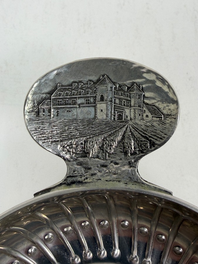 Vintage French Hallmarked Sommelier Tastevin Wine Tasting Cup With Embossed Vineyard And Chateau Estate Scene On Handle 85.9g [Photo 3]