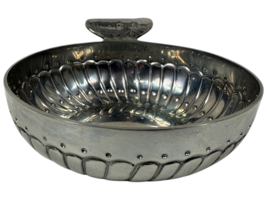 Vintage French Hallmarked Sommelier Tastevin Wine Tasting Cup With Embossed Vineyard And Chateau Estate Scene On Handle 85.9g [Photo 2]