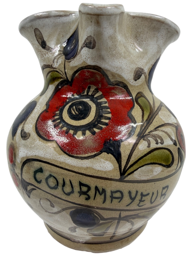 Hand-Painted Elio Schiavon (1925-2004) Courmayeur Italian Ceramic Pottery Pitcher Jug With Large Red Floral Design Zigzag Handle And Signed Base 5.75'H