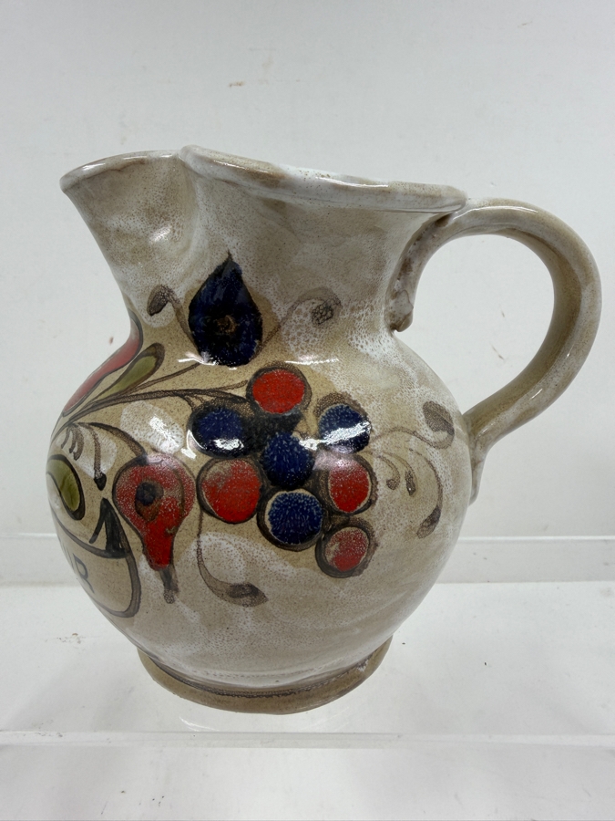 Hand-Painted Elio Schiavon (1925-2004) Courmayeur Italian Ceramic Pottery Pitcher Jug With Large Red Floral Design Zigzag Handle And Signed Base 5.75'H [Photo 2]