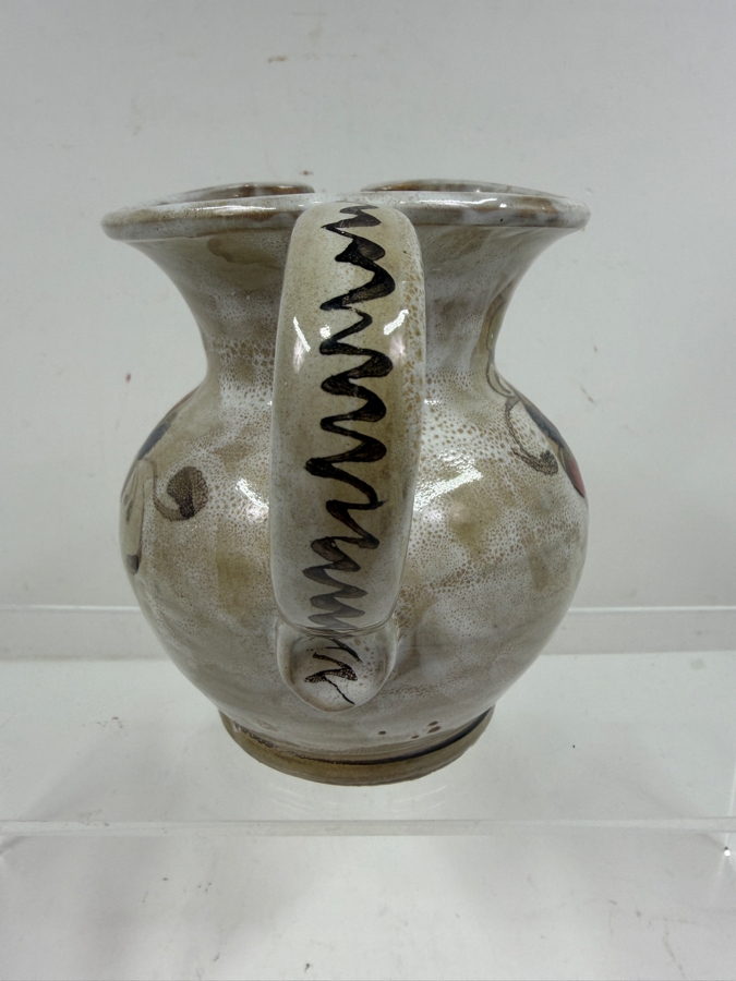 Hand-Painted Elio Schiavon (1925-2004) Courmayeur Italian Ceramic Pottery Pitcher Jug With Large Red Floral Design Zigzag Handle And Signed Base 5.75'H [Photo 3]