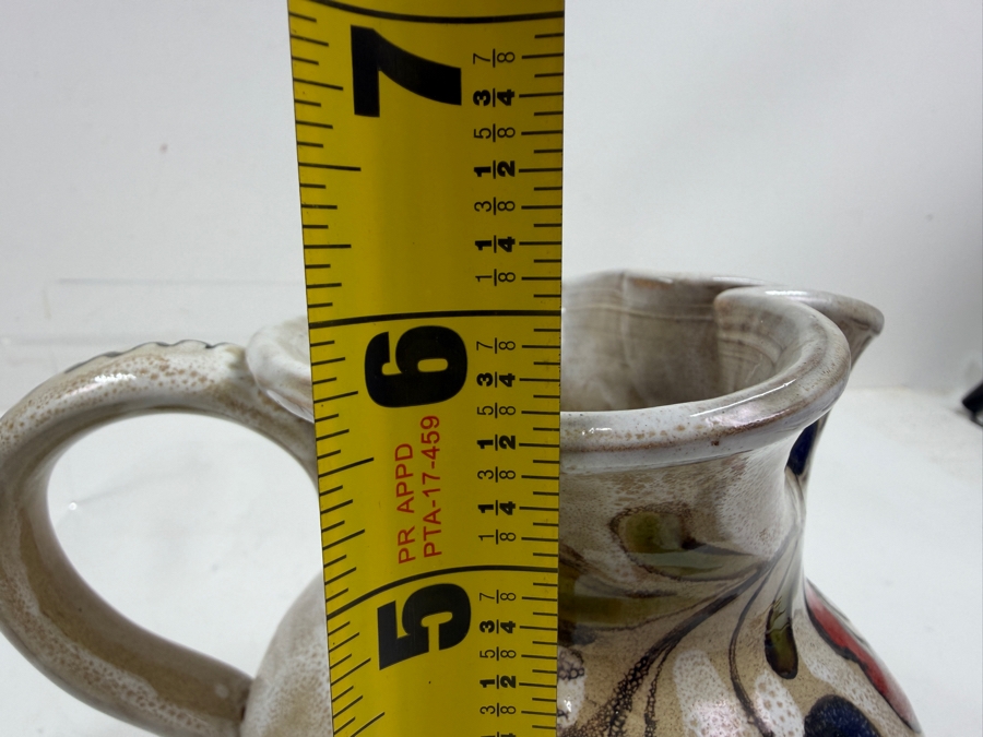 Hand-Painted Elio Schiavon (1925-2004) Courmayeur Italian Ceramic Pottery Pitcher Jug With Large Red Floral Design Zigzag Handle And Signed Base 5.75'H [Photo 5]