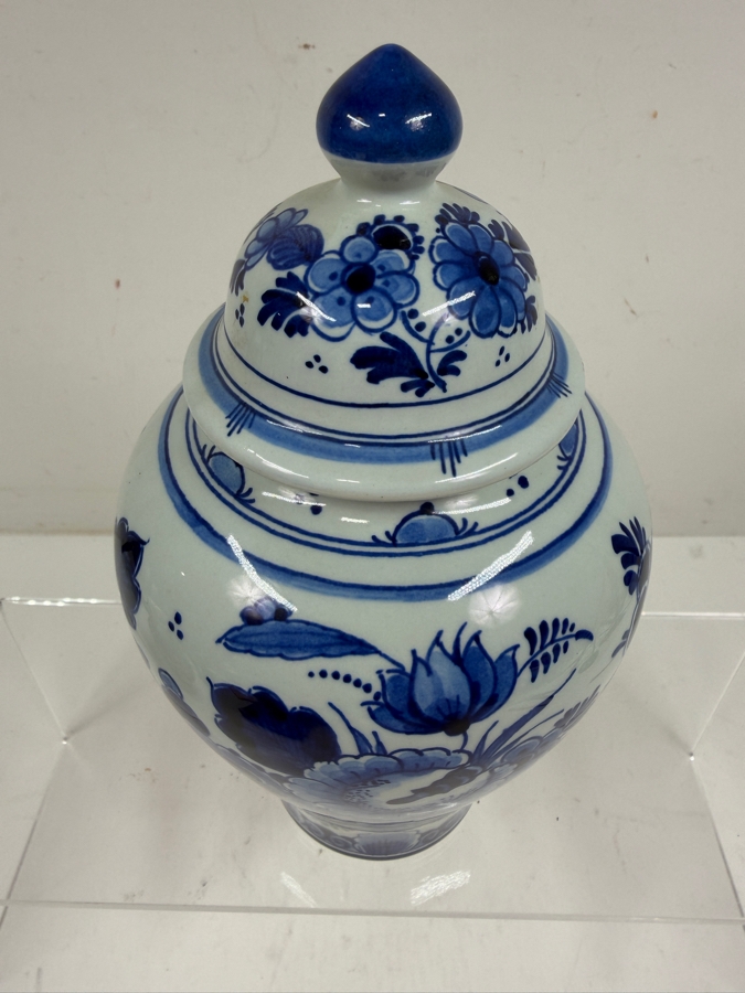 Vintage Royal Delft De Porceleyne Fles Hand Painted Blue And White Floral Lidded Ginger Jar Made In Holland 8.5'H [Photo 3]