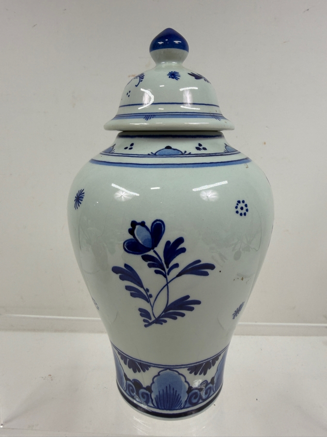 Vintage Royal Delft De Porceleyne Fles Hand Painted Blue And White Floral Lidded Ginger Jar Made In Holland 8.5'H [Photo 4]
