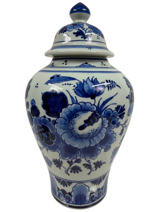 Vintage Royal Delft De Porceleyne Fles Hand Painted Blue And White Floral Lidded Ginger Jar Made In Holland 8.5'H