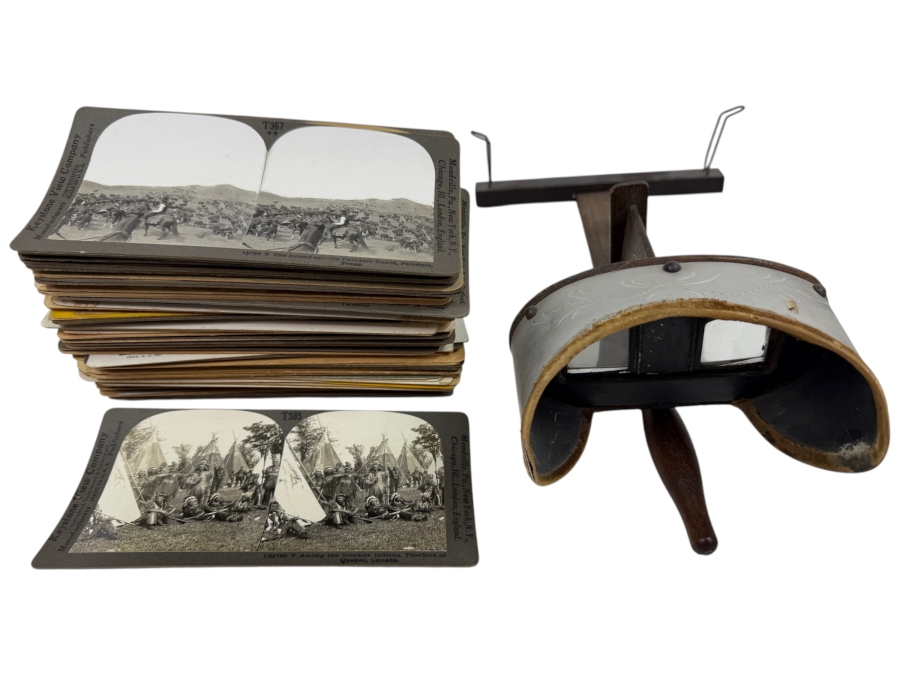 Antique Monarch Stereoscope Viewer With Stack Of 78 Stereograph Cards