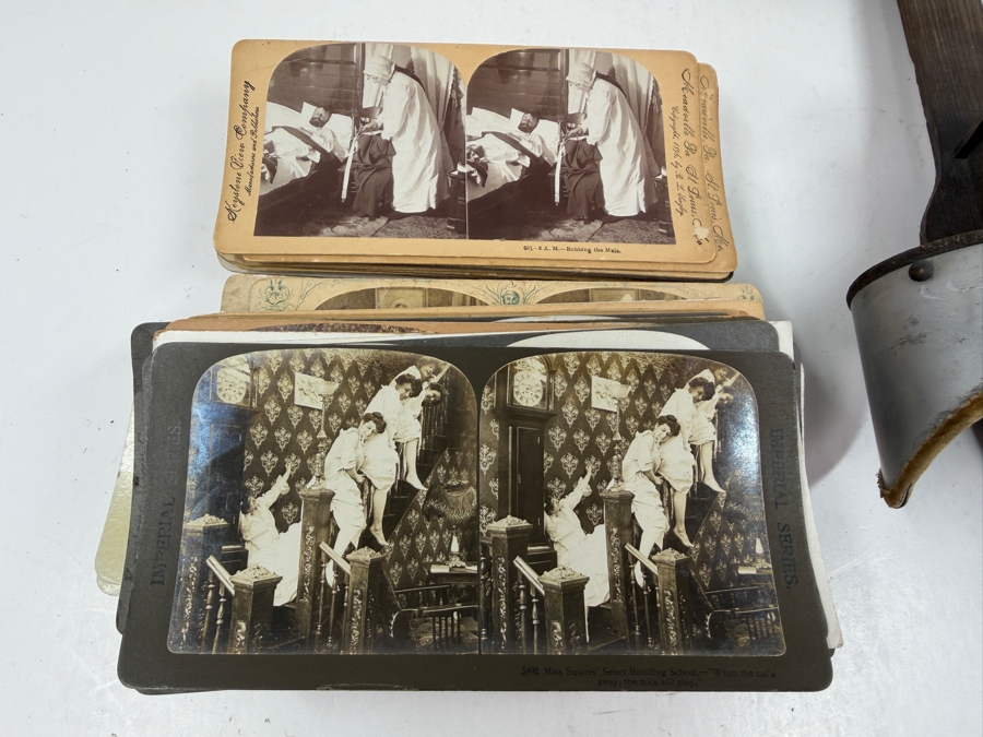 Antique Monarch Stereoscope Viewer With Stack Of 78 Stereograph Cards [Photo 13]