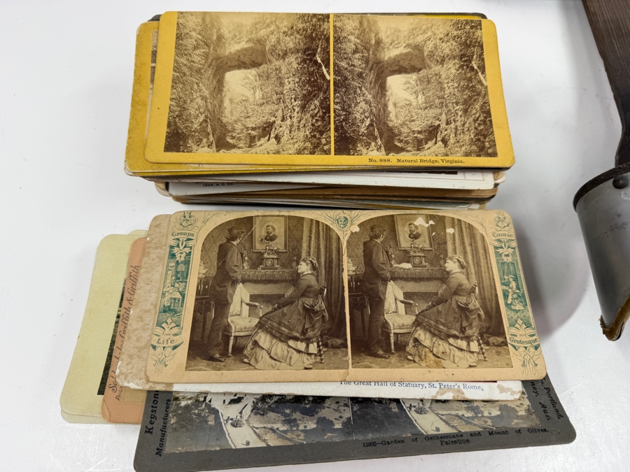 Antique Monarch Stereoscope Viewer With Stack Of 78 Stereograph Cards [Photo 8]