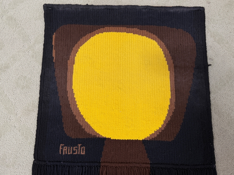 Vintage Signed Fausto Mid Century Modern Woven Textile Art Wall Hanging With Abstract Geometric Yellow Sun Tapestry With Long Fringe Black Brown Color Block 27'W X 54'H [Photo 2]