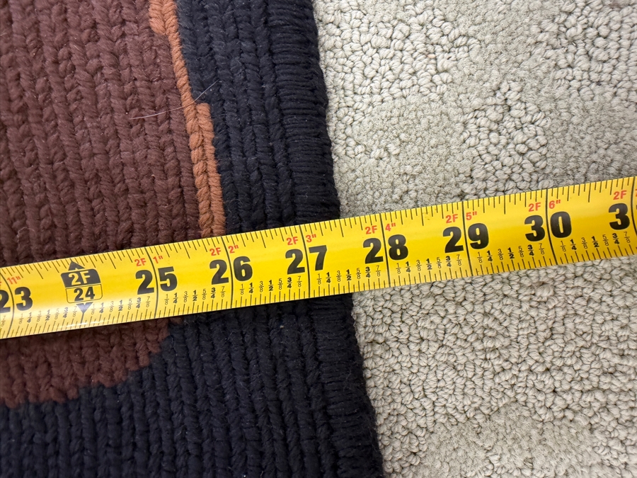 Vintage Signed Fausto Mid Century Modern Woven Textile Art Wall Hanging With Abstract Geometric Yellow Sun Tapestry With Long Fringe Black Brown Color Block 27'W X 54'H [Photo 4]