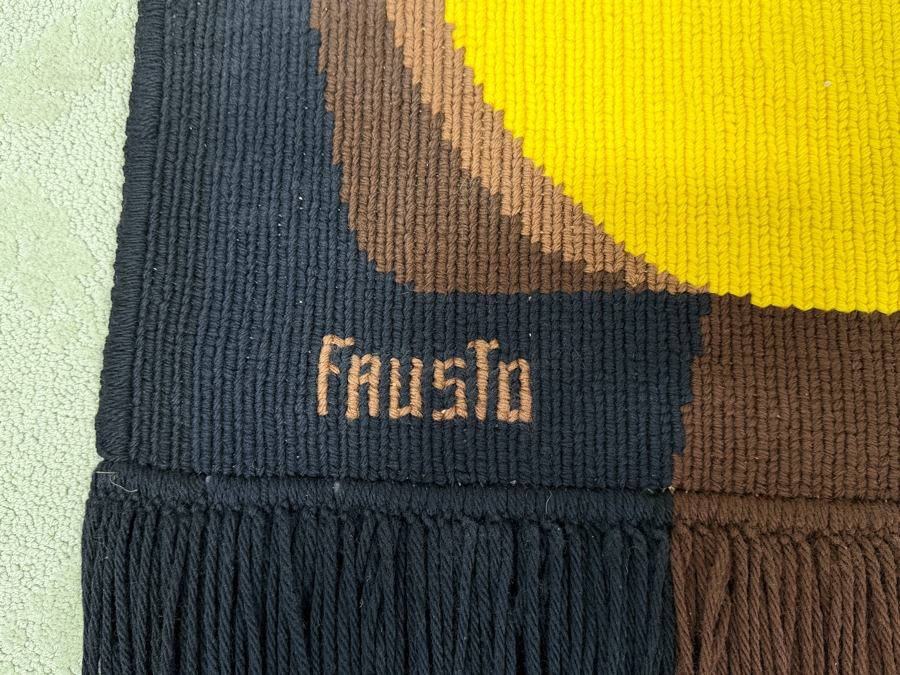 Vintage Signed Fausto Mid Century Modern Woven Textile Art Wall Hanging With Abstract Geometric Yellow Sun Tapestry With Long Fringe Black Brown Color Block 27'W X 54'H [Photo 3]