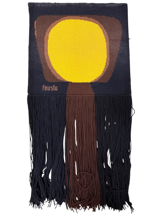 Vintage Signed Fausto Mid Century Modern Woven Textile Art Wall Hanging With Abstract Geometric Yellow Sun Tapestry With Long Fringe Black Brown Color Block 27'W X 54'H
