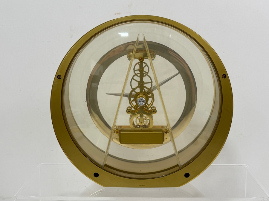 Seiko Quartz Gold Tone Round Skeleton Desk Mantel Clock With Exposed Gears And Roman Numerals Model QAW113G Made In Japan 8.5'W X 8.5'H [Photo 5]