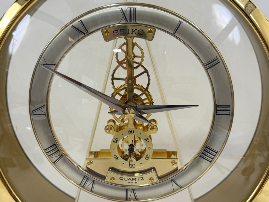 Seiko Quartz Gold Tone Round Skeleton Desk Mantel Clock With Exposed Gears And Roman Numerals Model QAW113G Made In Japan 8.5'W X 8.5'H [Photo 3]