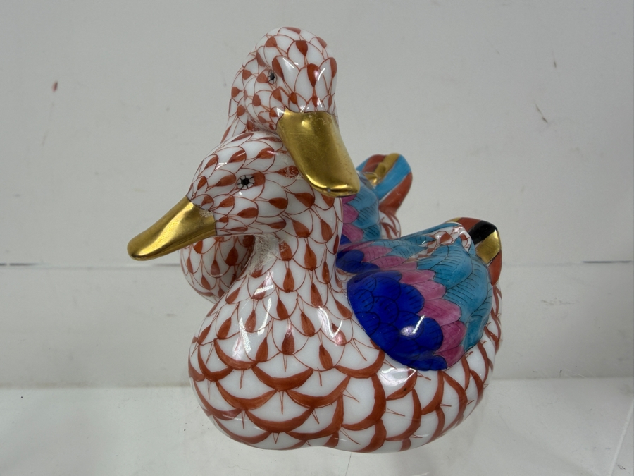 Herend Hungary Hand-Painted Porcelain Pair of Loving Duck Figurines With 24K Gold Painted Beaks 4'W X 2.75'H [Photo 2]