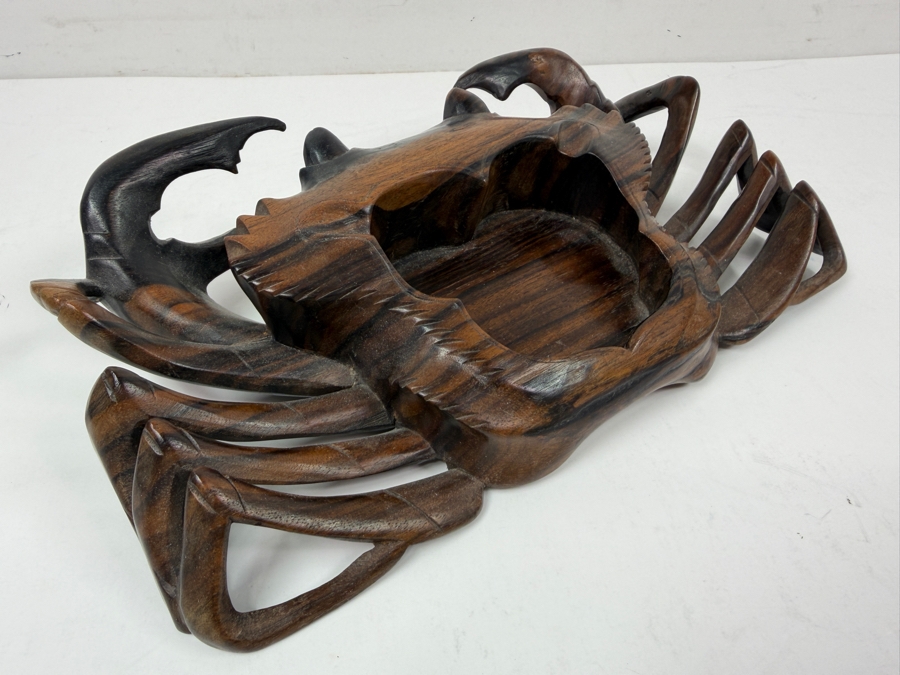 Large Hand Carved Wooden Crab Dish / Bowl Signed 11'W X 6'D [Photo 2]