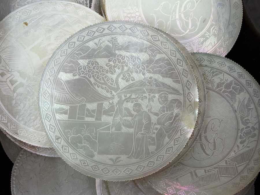 Antique Circa 1795 Chinese Lacquer Gaming Box Containing (120) Chinese Carved Mother Of Pearl Gambling Counters And 1870 Goodall Playing Cards 12'W X 10'D X 3'H With Original Invoice Purchased In 1984 In London, England For $1,139 [Photo 6]