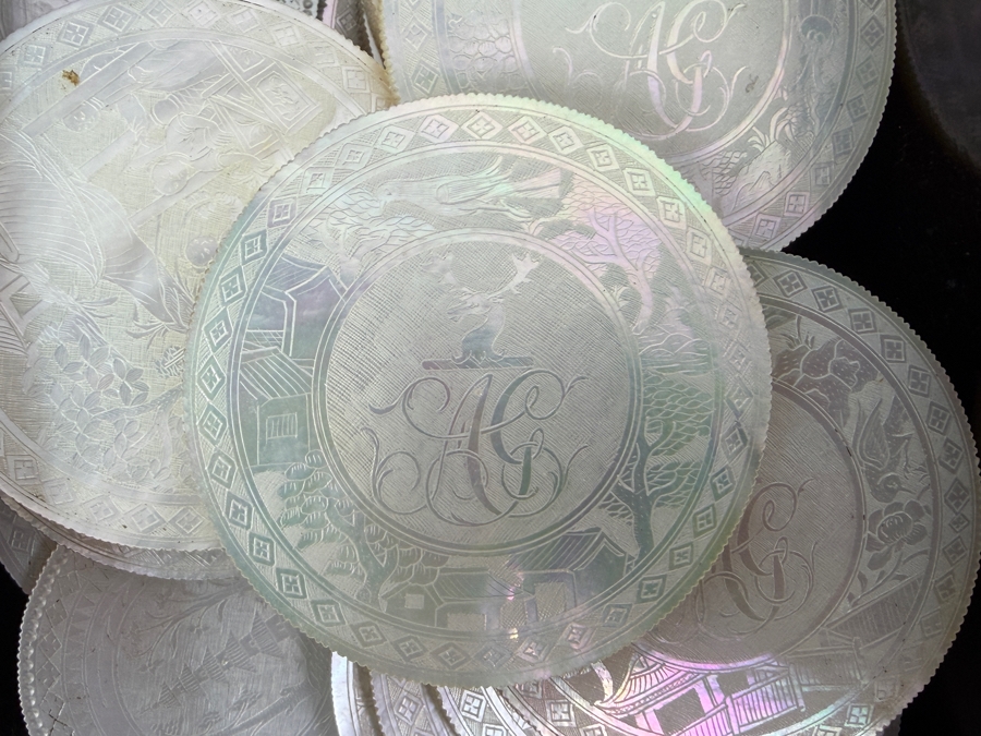 Antique Circa 1795 Chinese Lacquer Gaming Box Containing (120) Chinese Carved Mother Of Pearl Gambling Counters And 1870 Goodall Playing Cards 12'W X 10'D X 3'H With Original Invoice Purchased In 1984 In London, England For $1,139 [Photo 5]