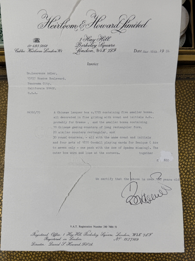 Antique Circa 1795 Chinese Lacquer Gaming Box Containing (120) Chinese Carved Mother Of Pearl Gambling Counters And 1870 Goodall Playing Cards 12'W X 10'D X 3'H With Original Invoice Purchased In 1984 In London, England For $1,139 [Photo 17]