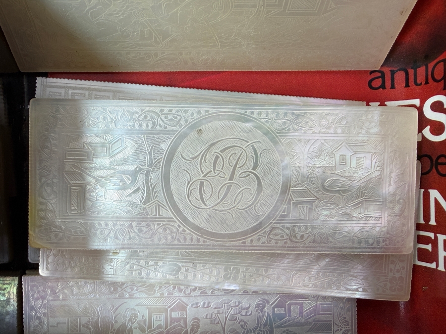 Antique Circa 1795 Chinese Lacquer Gaming Box Containing (120) Chinese Carved Mother Of Pearl Gambling Counters And 1870 Goodall Playing Cards 12'W X 10'D X 3'H With Original Invoice Purchased In 1984 In London, England For $1,139 [Photo 4]