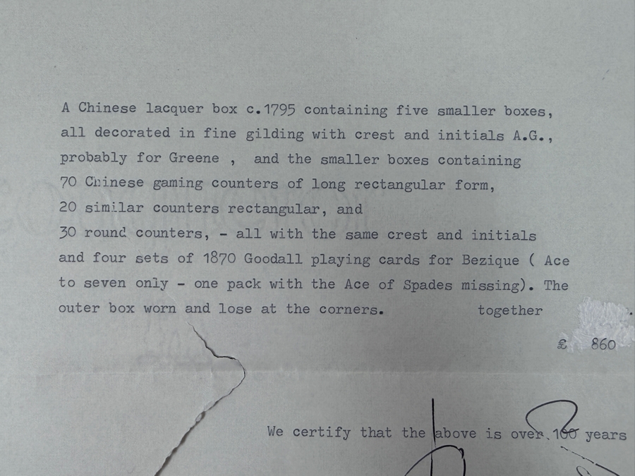 Antique Circa 1795 Chinese Lacquer Gaming Box Containing (120) Chinese Carved Mother Of Pearl Gambling Counters And 1870 Goodall Playing Cards 12'W X 10'D X 3'H With Original Invoice Purchased In 1984 In London, England For $1,139 [Photo 19]