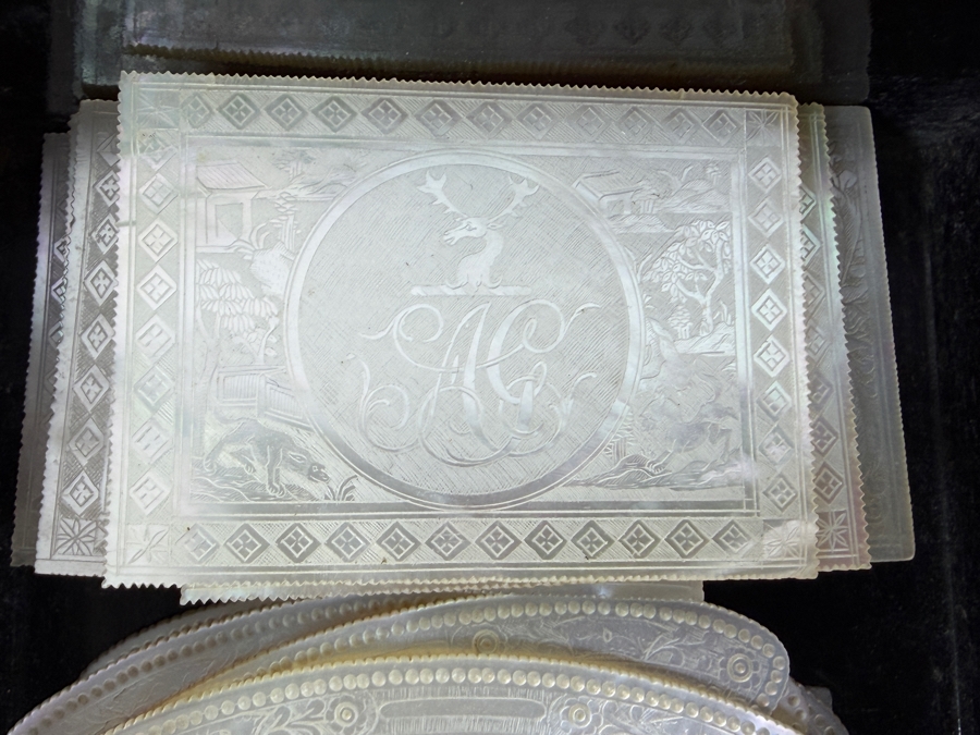 Antique Circa 1795 Chinese Lacquer Gaming Box Containing (120) Chinese Carved Mother Of Pearl Gambling Counters And 1870 Goodall Playing Cards 12'W X 10'D X 3'H With Original Invoice Purchased In 1984 In London, England For $1,139 [Photo 12]