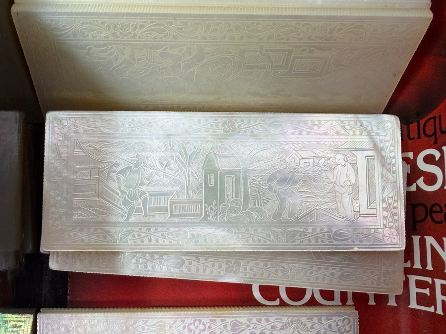 Antique Circa 1795 Chinese Lacquer Gaming Box Containing (120) Chinese Carved Mother Of Pearl Gambling Counters And 1870 Goodall Playing Cards 12'W X 10'D X 3'H With Original Invoice Purchased In 1984 In London, England For $1,139 [Photo 2]