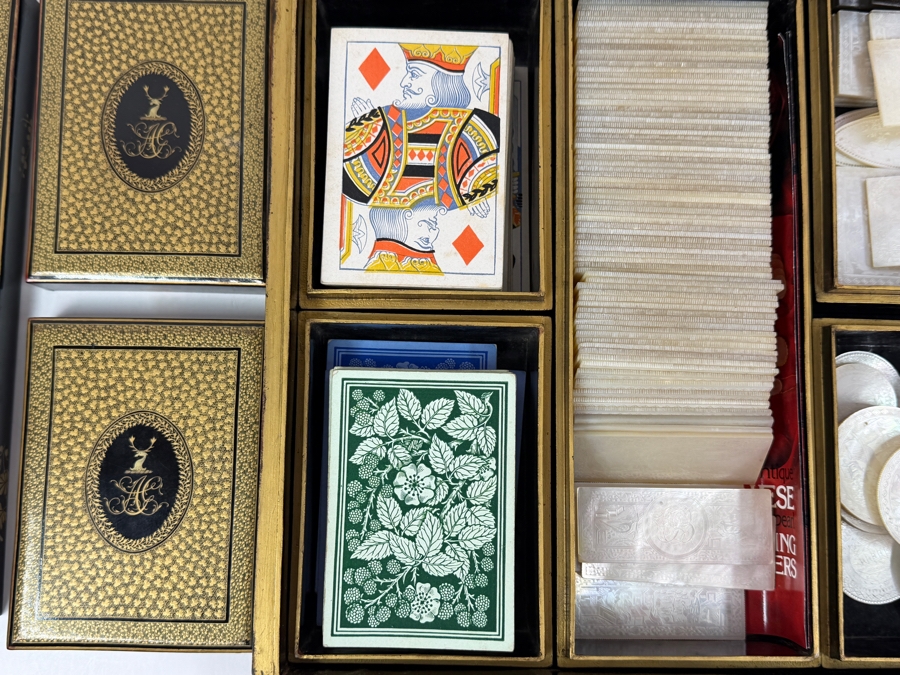 Antique Circa 1795 Chinese Lacquer Gaming Box Containing (120) Chinese Carved Mother Of Pearl Gambling Counters And 1870 Goodall Playing Cards 12'W X 10'D X 3'H With Original Invoice Purchased In 1984 In London, England For $1,139 [Photo 15]