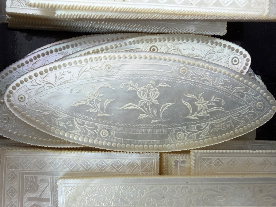 Antique Circa 1795 Chinese Lacquer Gaming Box Containing (120) Chinese Carved Mother Of Pearl Gambling Counters And 1870 Goodall Playing Cards 12'W X 10'D X 3'H With Original Invoice Purchased In 1984 In London, England For $1,139 [Photo 11]