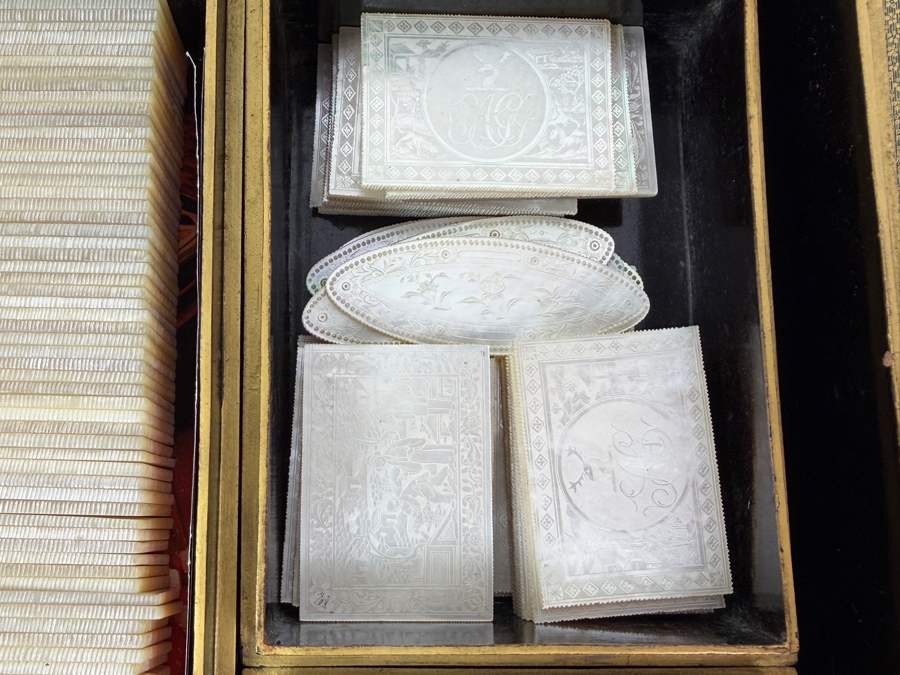 Antique Circa 1795 Chinese Lacquer Gaming Box Containing (120) Chinese Carved Mother Of Pearl Gambling Counters And 1870 Goodall Playing Cards 12'W X 10'D X 3'H With Original Invoice Purchased In 1984 In London, England For $1,139 [Photo 7]