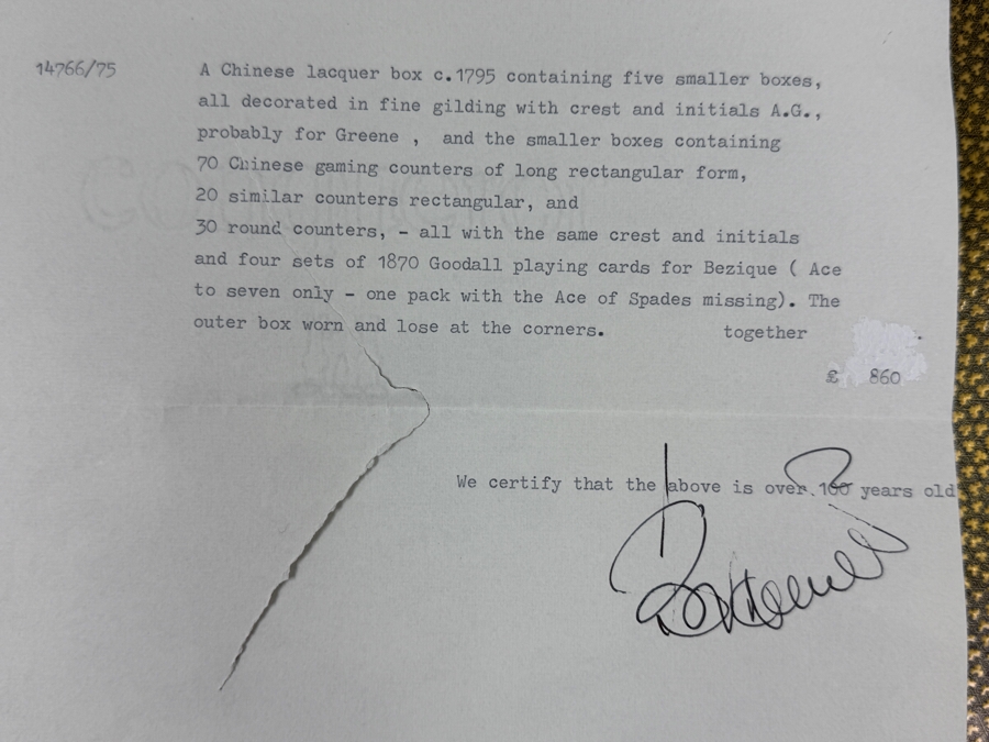 Antique Circa 1795 Chinese Lacquer Gaming Box Containing (120) Chinese Carved Mother Of Pearl Gambling Counters And 1870 Goodall Playing Cards 12'W X 10'D X 3'H With Original Invoice Purchased In 1984 In London, England For $1,139 [Photo 18]