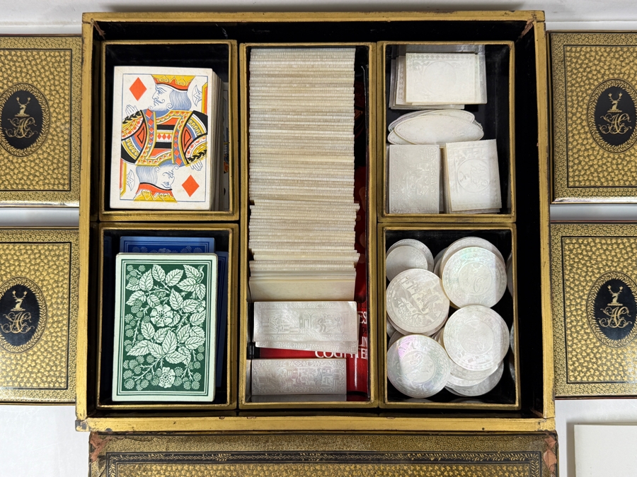 Antique Circa 1795 Chinese Lacquer Gaming Box Containing (120) Chinese Carved Mother Of Pearl Gambling Counters And 1870 Goodall Playing Cards 12'W X 10'D X 3'H With Original Invoice Purchased In 1984 In London, England For $1,139