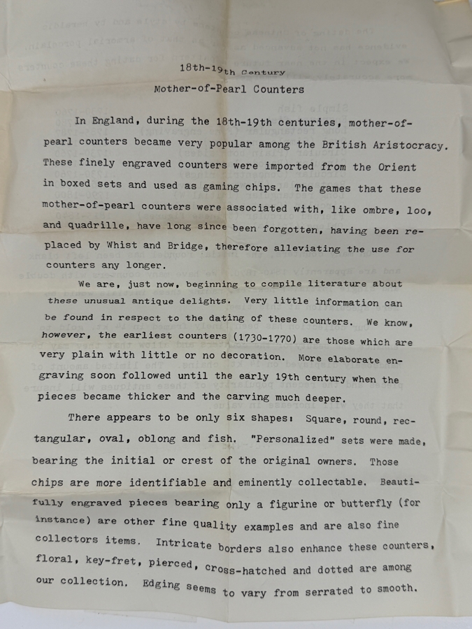 (71) Antique Chinese Mother Of Pearl Hand Carved Gambling Counters Circa 1815 Qing Dynasty Chia Ching Era With Etched Scenes And Certificate Of Authenticity [Photo 13]