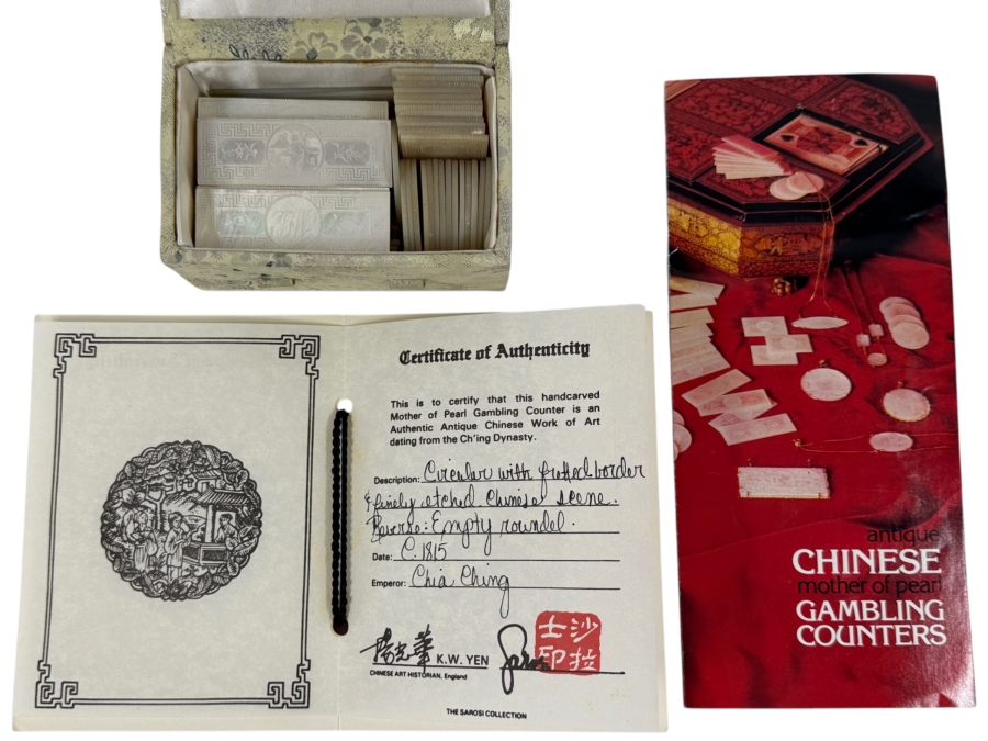 (71) Antique Chinese Mother Of Pearl Hand Carved Gambling Counters Circa 1815 Qing Dynasty Chia Ching Era With Etched Scenes And Certificate Of Authenticity