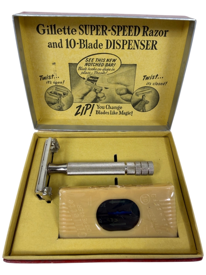 New Old Stock Gillette Super Speed Razor And 10 Blade Dispenser Set With Original Display Box