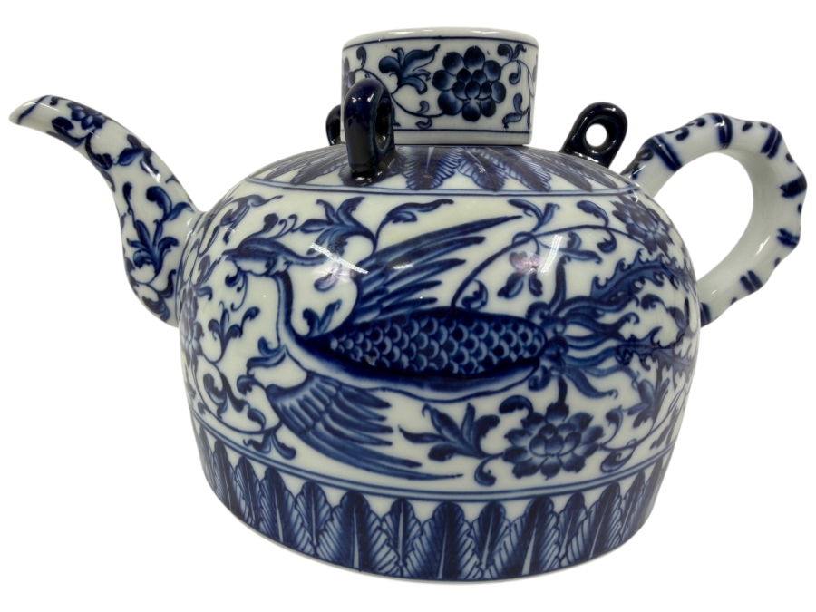 Chinese Blue And White Porcelain Teapot With Base Mark 9.5'W X 5.5'H