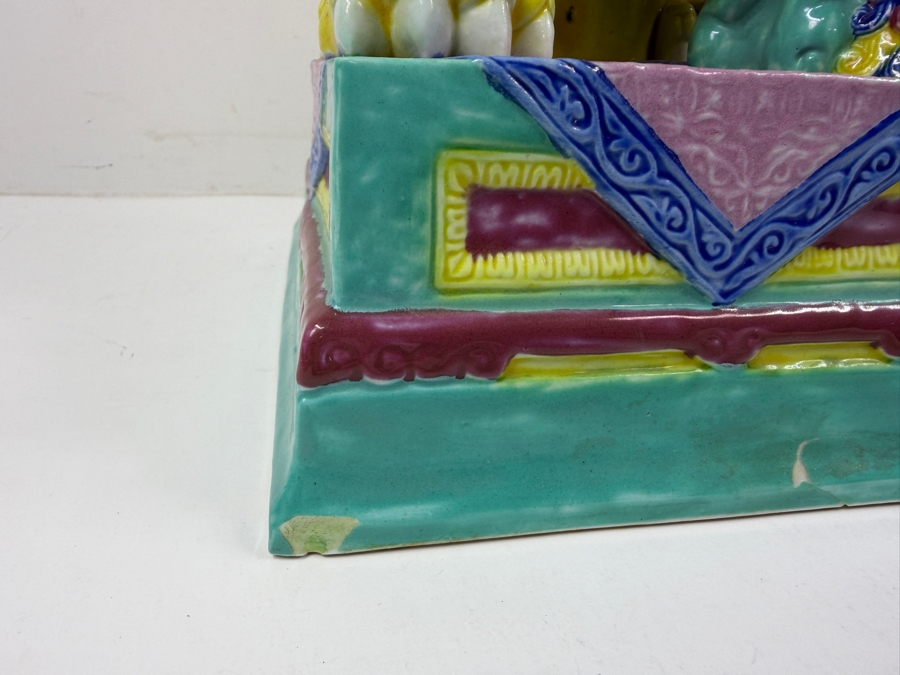 Pair Of Vintage Chinese Famille Jaune Porcelain Guardian Lion Foo Dog Statues With Polychrome Glaze And Workshop Maker Marks - See Photos For Condition (One Has Chips Along Base) 8.5'W X 6'D X 12'H [Photo 6]